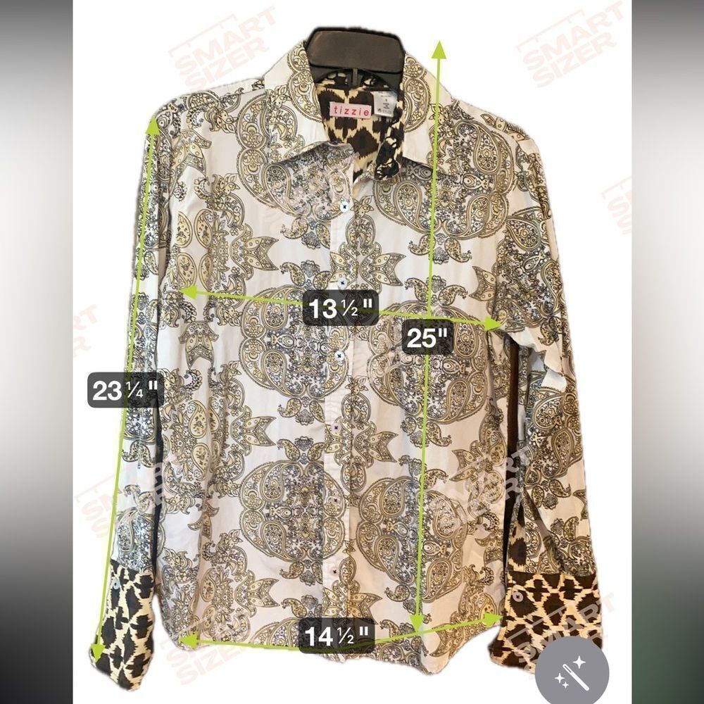 Tizzie Sz S Beige Brown Paisley Animal Print Flip Cuff Button Down Collar Shirt - Picture 6 of 7